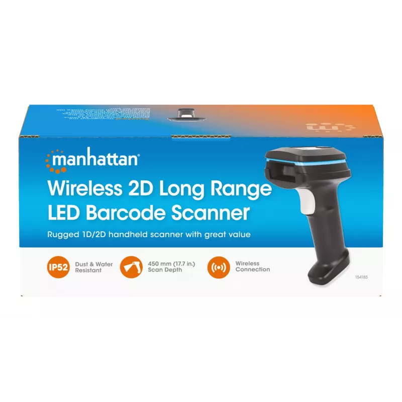Manhattan Wireless 2D rankinis brūkšninių kodų skaitytuvas, 250 mm skaitymo gylis, iki 80 m efektyvus nuotolis (tiesioginis matomumas), maksimali aplinkos šviesa 100 000 liuksų (saulės šviesa), juodas, įkrovimo laidas (USB-A į USB-C) 1 m, trejų metų garan