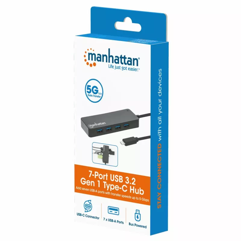 Manhattan USB-C Dock/Hub, 7 prievadai USB-A, 5 Gbps (USB 3.2 Gen1), juodas