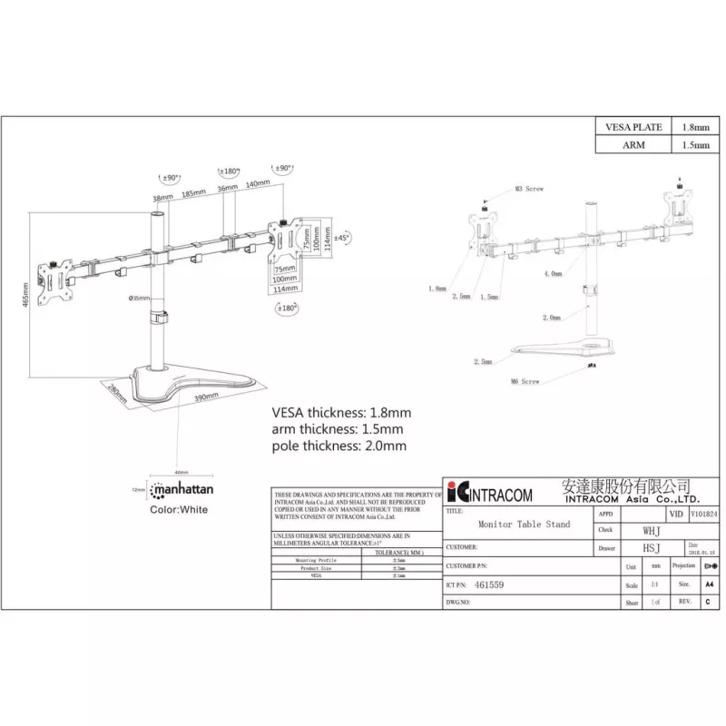 Manhattan Dual Desk Mount dvigubas monitorių stovas (Full Motion), laisvai pastatomas, ekranams 10-27 inch, VESA 75x75 ir 100x100mm, max 8kg (kiekvienam), juodas