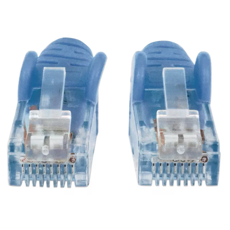 Intellinet tinklo jungiamasis laidas, Cat6A, 7,5 m, mėlynas, varinis, S/FTP, LSOH / LSZH, PVC, RJ45, auksu dengti kontaktai, su apsauga nuo užkliuvimo, su gaubtuku, viso gyvenimo garantija
