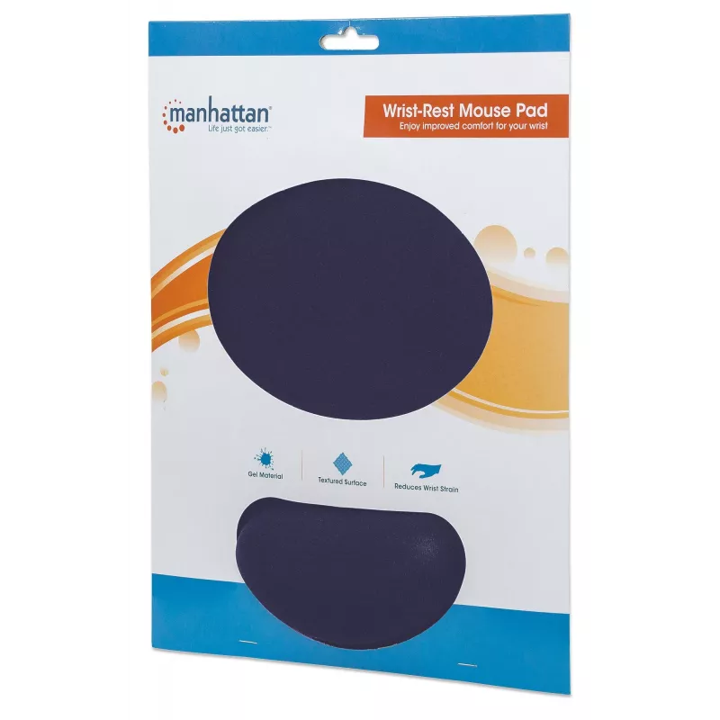 Manhattan Wrist Gel Support Pad ir pelės kilimėlis, mėlynas, 241 × 203 × 40 mm, neslystantis pagrindas, garantija visam laikui, kortelės mažmeninė pakuotė