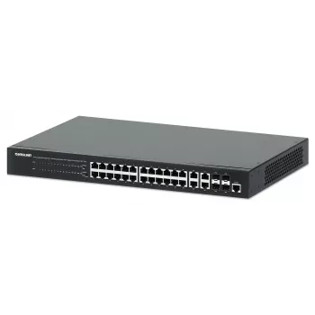 Intellinet 24 prievadų Gigabit Ethernet PoE+ žiniatinkliu valdomas jungiklis su 4 Gigabit Combo Base-T/SFP prievadais, IEEE 802.3at/af PoE+/PoE, 370 W, Endspan, 19 colių stelažinis