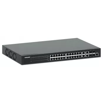 Intellinet 24 prievadų Gigabit Ethernet PoE+ žiniatinkliu valdomas jungiklis su 4 Gigabit Combo Base-T/SFP prievadais, IEEE 802.3at/af PoE+/PoE, 370 W, Endspan, 19 colių stelažinis