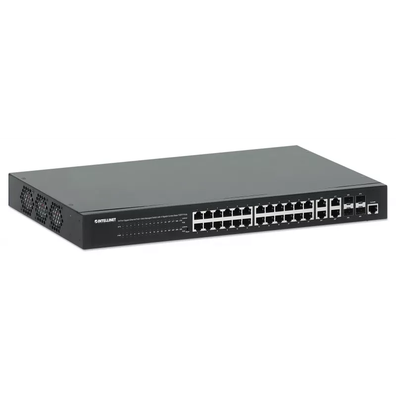 Intellinet 24 prievadų Gigabit Ethernet PoE+ žiniatinkliu valdomas jungiklis su 4 Gigabit Combo Base-T/SFP prievadais, IEEE 802.3at/af PoE+/PoE, 370 W, Endspan, 19 colių stelažinis