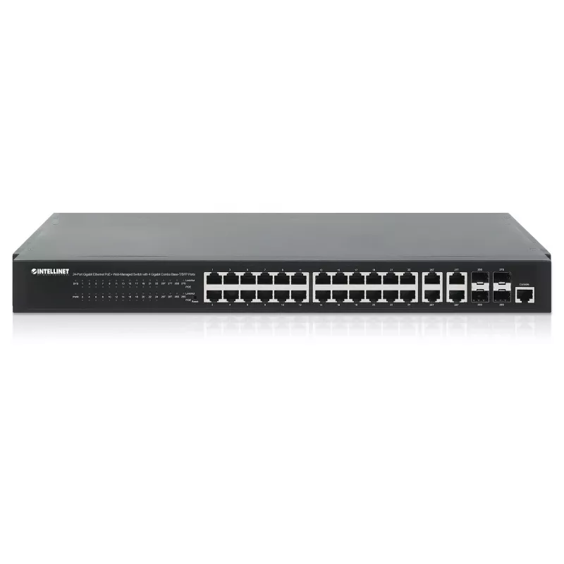 Intellinet 24 prievadų Gigabit Ethernet PoE+ žiniatinkliu valdomas jungiklis su 4 Gigabit Combo Base-T/SFP prievadais, IEEE 802.3at/af PoE+/PoE, 370 W, Endspan, 19 colių stelažinis
