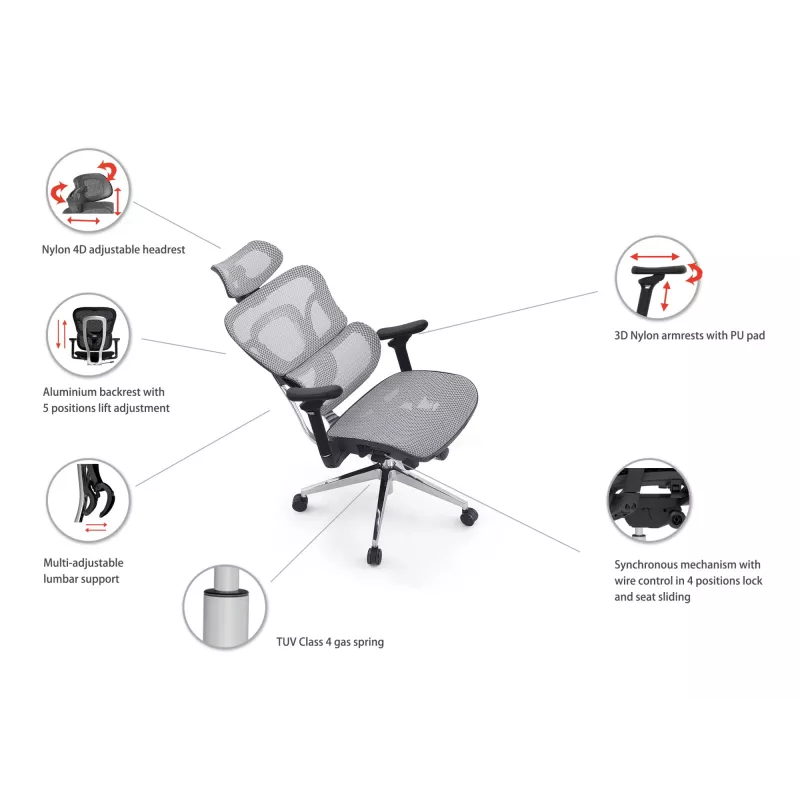 Ergonominė biuro kėdė EQUIP 651053 su galvos atrama ir porankiais, tinklinis atlošas, paminkštinta sėdynė, reguliuojamas aukštis 117–135 cm, plotis 660 mm, juoda
