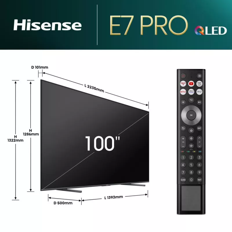 Hisense 100E77NQ PRO 254 cm (100 col.) 4K Ultra HD išmanusis televizorius QLED, Wi-Fi, juodas, 500 cd/m²