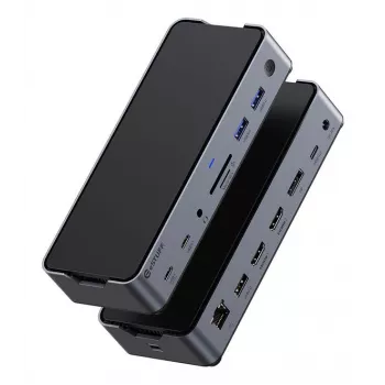 eSTUFF GLB232006 USB-C dokų stotelė 3×USB-C 3.2 Gen 1 aliuminis juoda