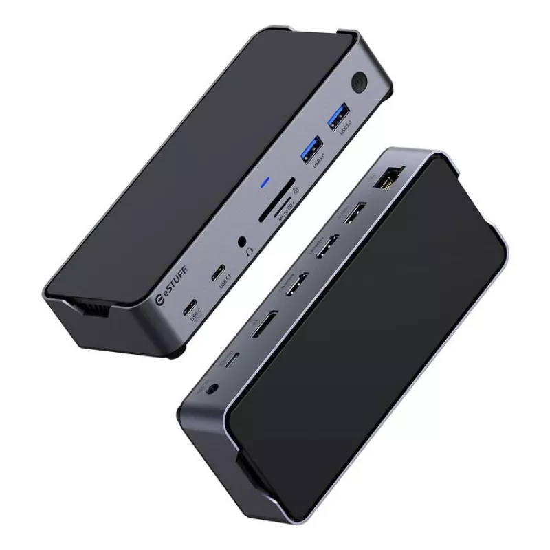 eSTUFF GLB232006 USB-C dokų stotelė 3×USB-C 3.2 Gen 1 aliuminis juoda