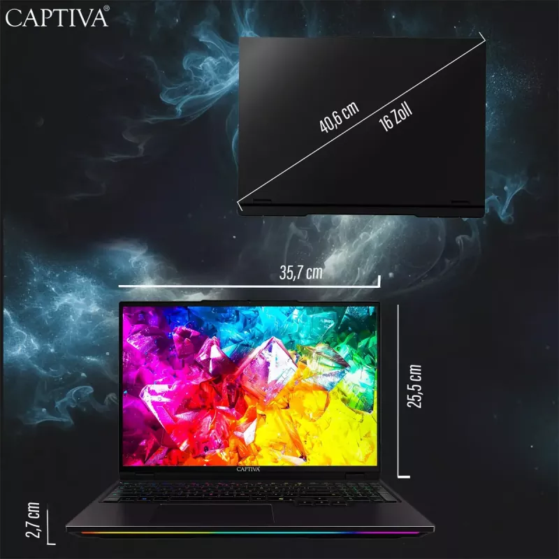 Nešiojamas kompiuteris Captiva CAPTIVA 98071 – AMD Ryzen 9 9955HX, 16 colių WQXGA (2560x1600), 32 GB DDR5, SSD, NVIDIA GeForce RTX 5080, Wi‑Fi 6, Juodas