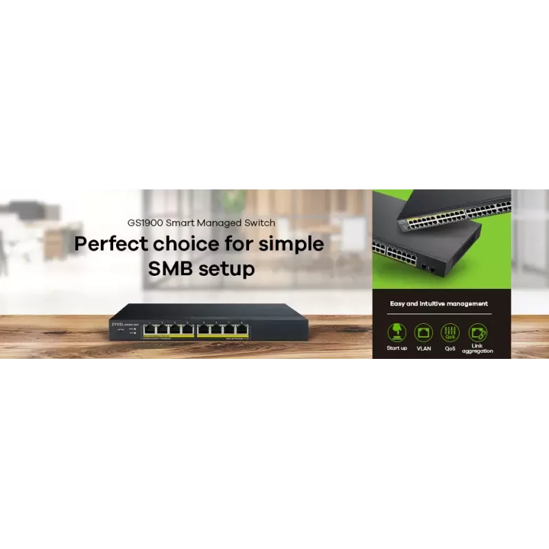 Zyxel GS1900-8HP valdomas L2 Gigabit Ethernet (10/100/1000) Power over Ethernet (PoE) jungiklis, juodas