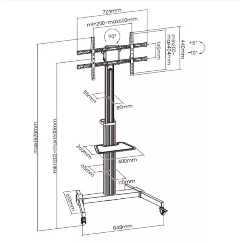 Equip 650630 mobilus televizoriaus stovas 37-86 colių, 50 kg, reguliuojamas aukštis