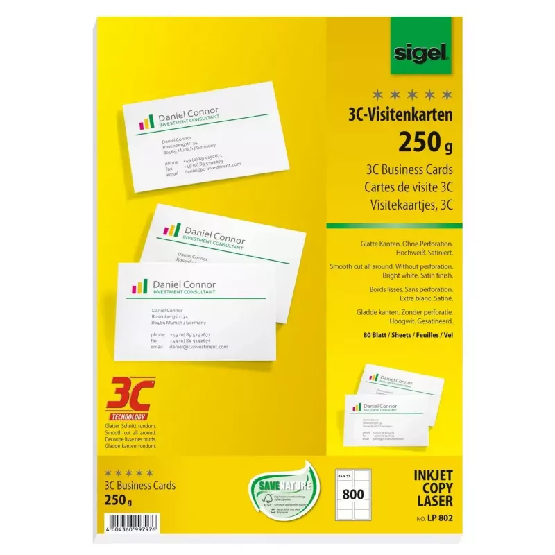 Vizitinės kortelės Sigel LP802, satino apdaila, 250 g/m², 80 lapų (800 vnt.)