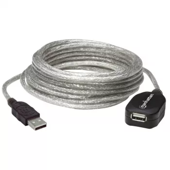 Manhattan USB-A aktyvus ilginimo kabelis, 5 m, vyriškas/moteriškas, peršviečiamas sidabrinis, 480 Mbps (USB 2.0), su kartotuvu