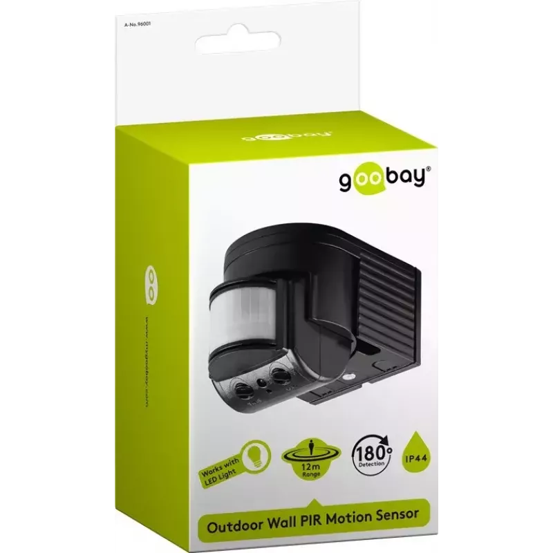 PIR judesio detektorius Goobay Black 96001, sieninis, 180°, 12 m, IP44