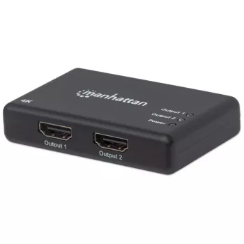 Manhattan HDMI Splitter 2 prievadų, 4K@30Hz, 1x HDMI šaltinis į 2x HD ekranus (tas pats vaizdas abiejuose), maitinimas iš tinklo (kabelis 0,9 m), juoda, trejų metų garantija