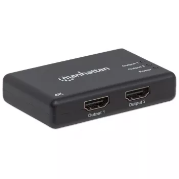 Manhattan HDMI Splitter 2 prievadų, 4K@30Hz, 1x HDMI šaltinis į 2x HD ekranus (tas pats vaizdas abiejuose), maitinimas iš tinklo (kabelis 0,9 m), juoda, trejų metų garantija