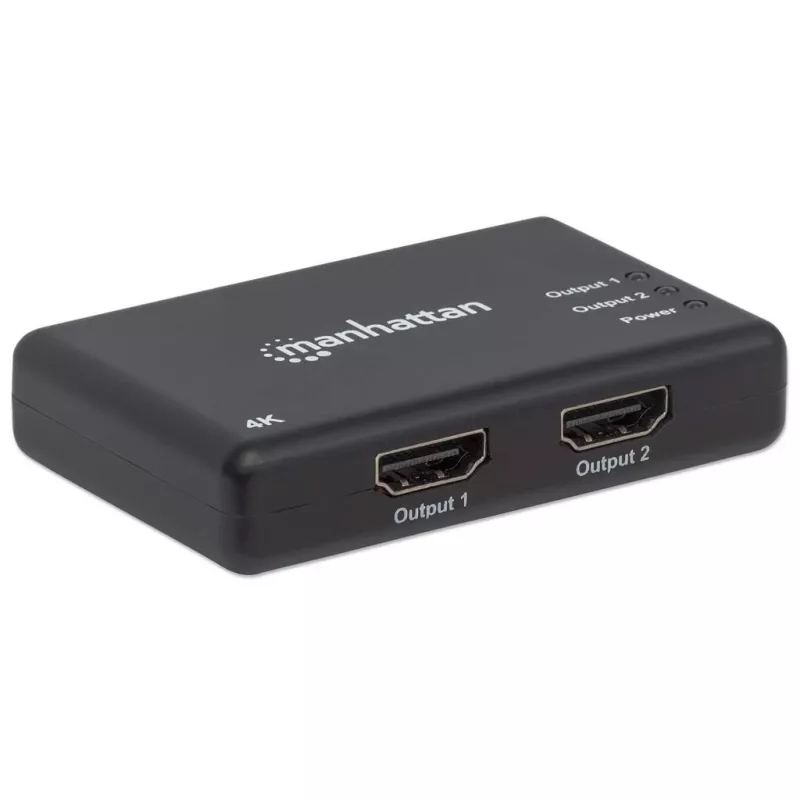 Manhattan HDMI Splitter 2 prievadų, 4K@30Hz, 1x HDMI šaltinis į 2x HD ekranus (tas pats vaizdas abiejuose), maitinimas iš tinklo (kabelis 0,9 m), juoda, trejų metų garantija