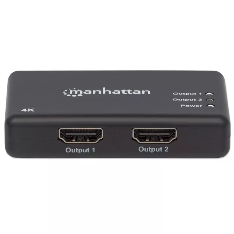 Manhattan HDMI Splitter 2 prievadų, 4K@30Hz, 1x HDMI šaltinis į 2x HD ekranus (tas pats vaizdas abiejuose), maitinimas iš tinklo (kabelis 0,9 m), juoda, trejų metų garantija