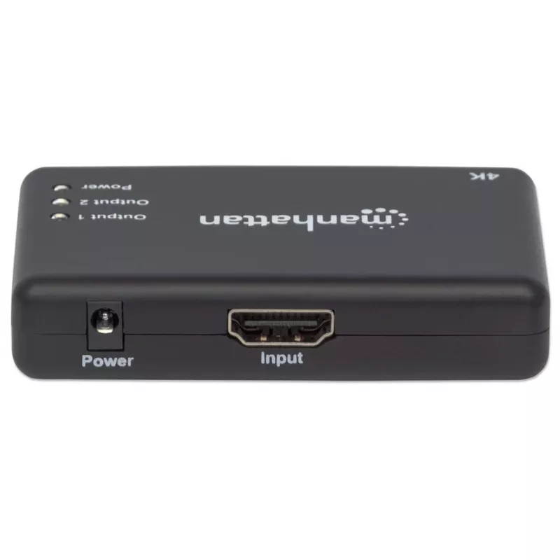 Manhattan HDMI Splitter 2 prievadų, 4K@30Hz, 1x HDMI šaltinis į 2x HD ekranus (tas pats vaizdas abiejuose), maitinimas iš tinklo (kabelis 0,9 m), juoda, trejų metų garantija