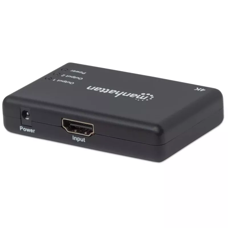 Manhattan HDMI Splitter 2 prievadų, 4K@30Hz, 1x HDMI šaltinis į 2x HD ekranus (tas pats vaizdas abiejuose), maitinimas iš tinklo (kabelis 0,9 m), juoda, trejų metų garantija