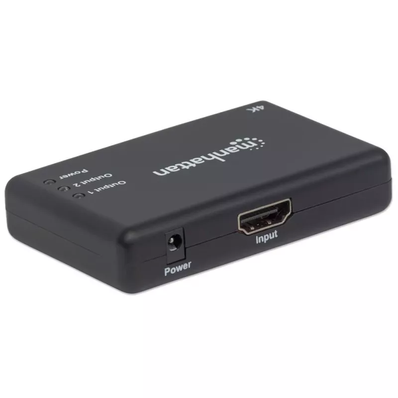 Manhattan HDMI Splitter 2 prievadų, 4K@30Hz, 1x HDMI šaltinis į 2x HD ekranus (tas pats vaizdas abiejuose), maitinimas iš tinklo (kabelis 0,9 m), juoda, trejų metų garantija