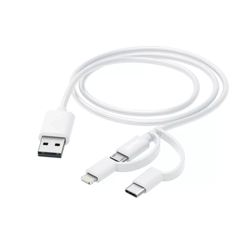 Hama 3-in-1 kelių įrenginių įkrovimo laidas, USB-A – Micro-USB, USB-C ir Lightning, 1,0 m, baltas