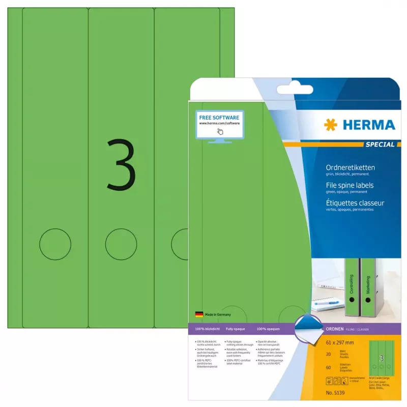 Etiketės byloms HERMA A4 61x297 mm žalios matinės nepermatomos 60 vnt.