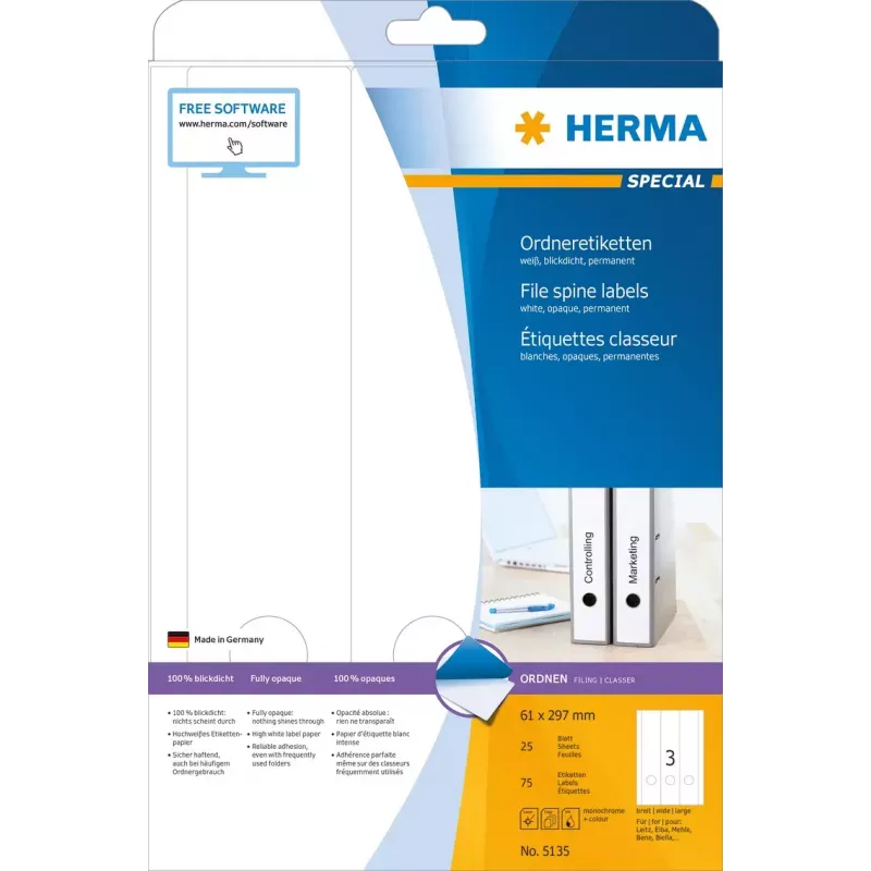 HERMA A4 61x297 mm baltas matinis nepermatomas popierius 75 vnt. failų etiketės