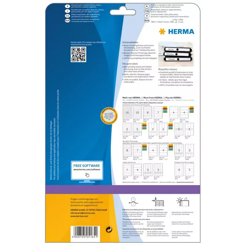 HERMA 5165 etiketės segtuvams A4 34x297 mm balta matinė nepermatoma 125 vnt.