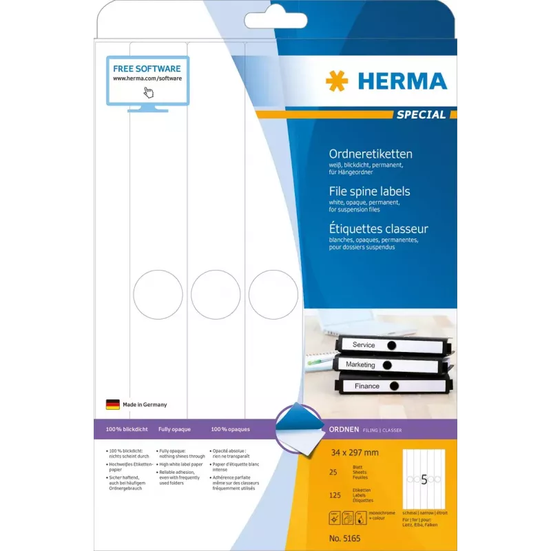 HERMA 5165 etiketės segtuvams A4 34x297 mm balta matinė nepermatoma 125 vnt.