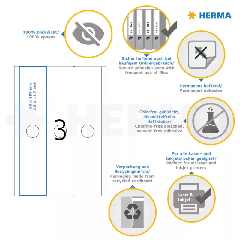 HERMA 5167 Etiketės segtuvų sistemoms A4 63x297 mm balta matinė nepermatoma 75 vnt.