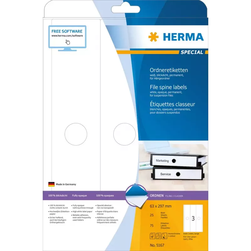 HERMA 5167 Etiketės segtuvų sistemoms A4 63x297 mm balta matinė nepermatoma 75 vnt.