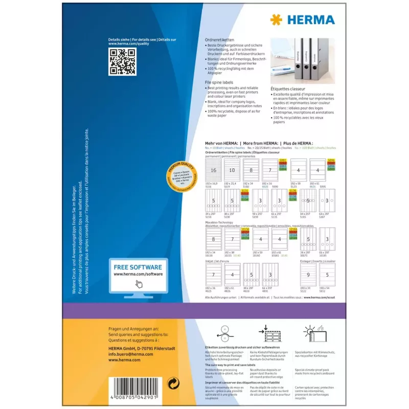 Lipnūs etikečių lapai HERMA bylų etiketės A4 192x34 mm