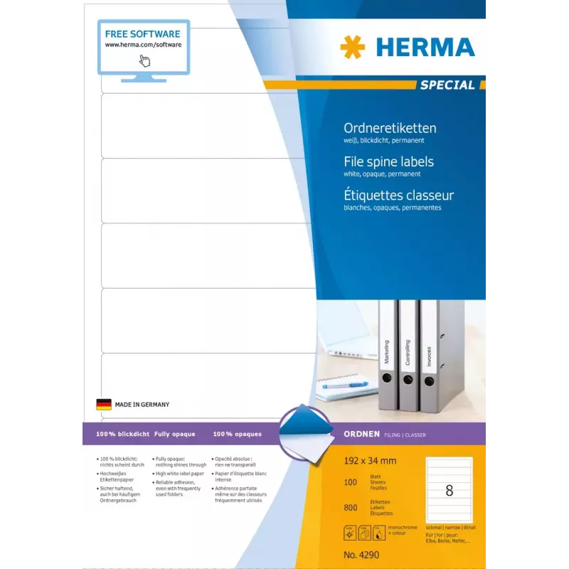 Lipnūs etikečių lapai HERMA bylų etiketės A4 192x34 mm