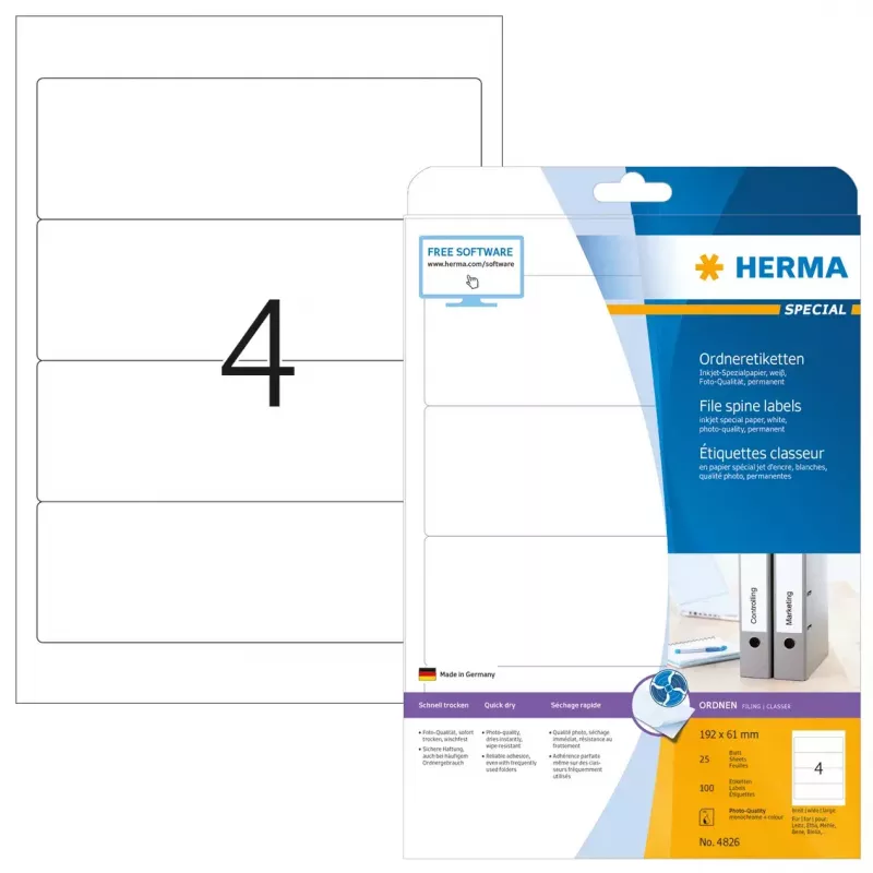 HERMA A4 192x61 mm balti matinio popieriaus rašalinių spausdintuvų etikečių rinkinys byloms, 100 vnt.