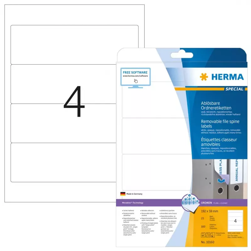 Nuimamos etiketės bylų žymėjimui HERMA A4 192x59 mm balta Movables
