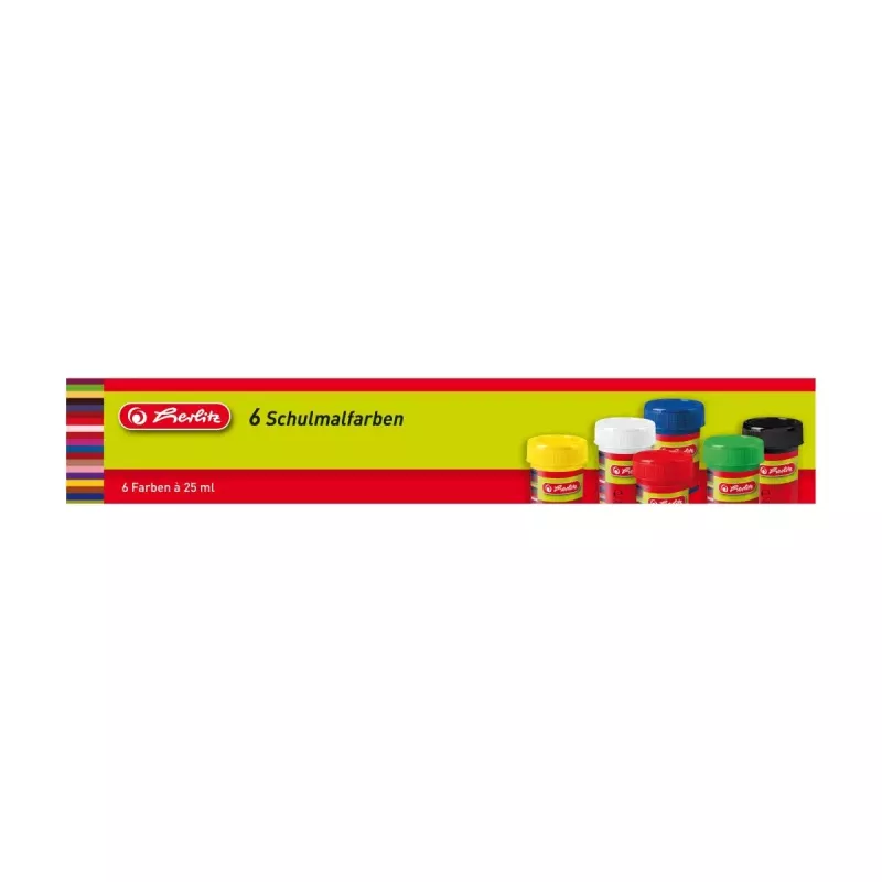 Vandens pagrindo dažai Herlitz 8643025 6×25 ml – juoda, mėlyna, žalia, raudona, balta, geltona