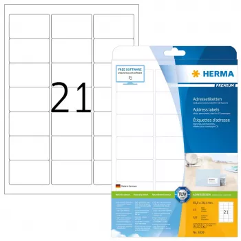 Adresų etiketės Premium HERMA 5029 A4 63,5x38,1 mm 525 vnt.