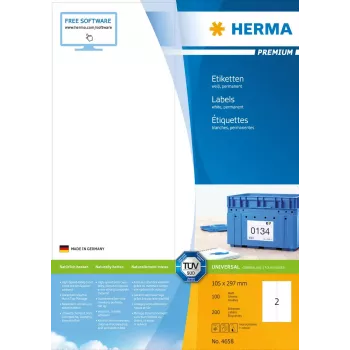 Lipnūs etikečių lapai HERMA Premium A4 105x297 mm baltas matinis popierius 200 vnt.