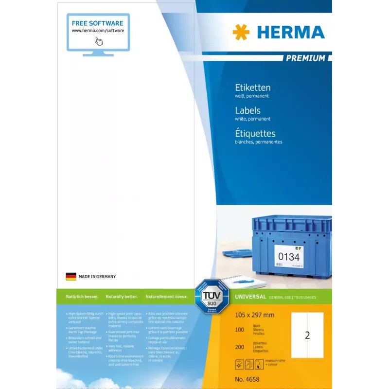 Lipnūs etikečių lapai HERMA Premium A4 105x297 mm baltas matinis popierius 200 vnt.