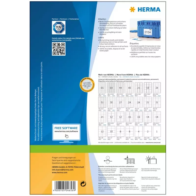 Lipnūs etikečių lapai HERMA Premium A4 105x297 mm baltas matinis popierius 200 vnt.