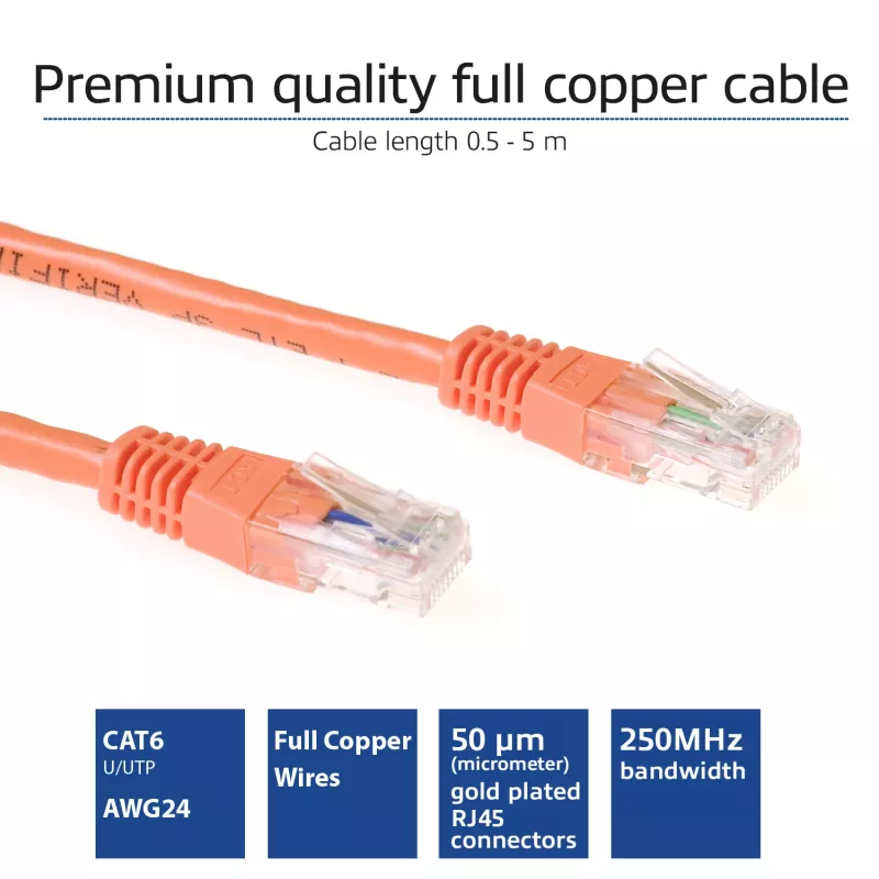 ACT Orange 0,5 m U/UTP CAT6 jungiamasis kabelis su RJ-45 jungtimis