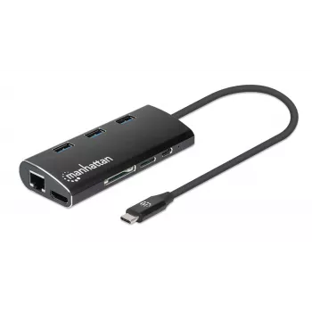 Manhattan USB-C Dock / Hub su kortelių skaitytuvu, 6 prievadai: Ethernet, HDMI, USB-A (x3) ir USB-C, su Power Delivery (100 W) USB-C prievadui, universalus, aliuminis, atitikmuo DKT30CSDHPD3