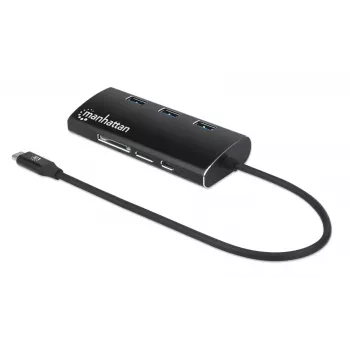Manhattan USB-C Dock / Hub su kortelių skaitytuvu, 6 prievadai: Ethernet, HDMI, USB-A (x3) ir USB-C, su Power Delivery (100 W) USB-C prievadui, universalus, aliuminis, atitikmuo DKT30CSDHPD3