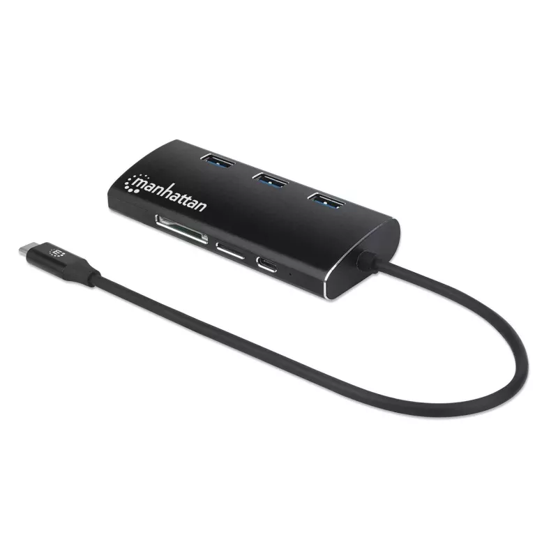 Manhattan USB-C Dock / Hub su kortelių skaitytuvu, 6 prievadai: Ethernet, HDMI, USB-A (x3) ir USB-C, su Power Delivery (100 W) USB-C prievadui, universalus, aliuminis, atitikmuo DKT30CSDHPD3
