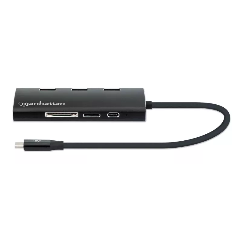 Manhattan USB-C Dock / Hub su kortelių skaitytuvu, 6 prievadai: Ethernet, HDMI, USB-A (x3) ir USB-C, su Power Delivery (100 W) USB-C prievadui, universalus, aliuminis, atitikmuo DKT30CSDHPD3