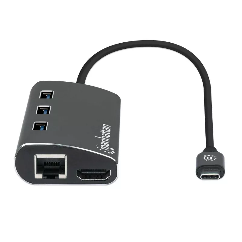 Manhattan USB-C Dock / Hub su kortelių skaitytuvu, 6 prievadai: Ethernet, HDMI, USB-A (x3) ir USB-C, su Power Delivery (100 W) USB-C prievadui, universalus, aliuminis, atitikmuo DKT30CSDHPD3