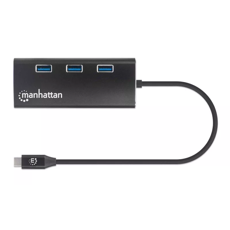 Manhattan USB-C Dock / Hub su kortelių skaitytuvu, 6 prievadai: Ethernet, HDMI, USB-A (x3) ir USB-C, su Power Delivery (100 W) USB-C prievadui, universalus, aliuminis, atitikmuo DKT30CSDHPD3