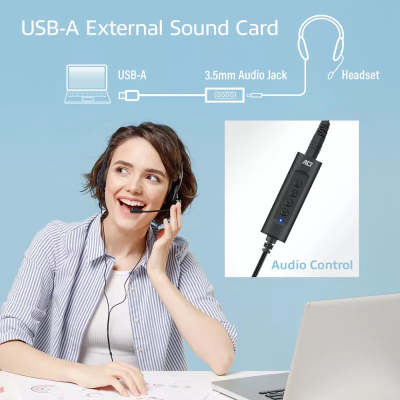 ACT AC9360 išorinė garso kortelė USB-A 3.5 mm, 4 mygtukai